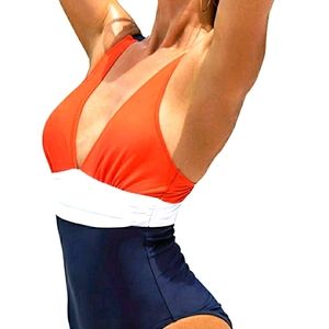 CUPSHE Women's Orange Navy V Neck Ruching One Piec